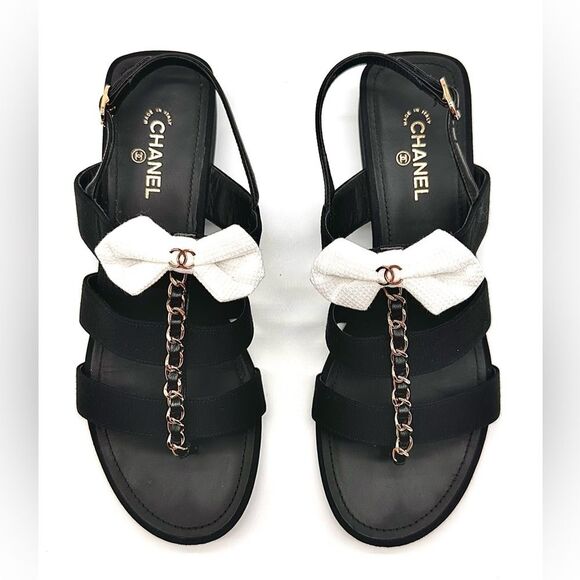 Chanel Interlocking CC Logo Grosgrain Chain Bow Black Sandals EU 37.5 US 6.5-7 - Picture 3 of 13